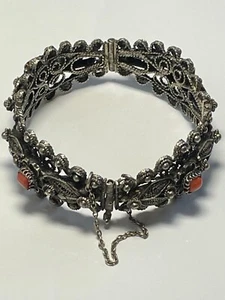 Antique Victorian continental cannetille silver filigree coral bracelet cuff 37g - Picture 1 of 18