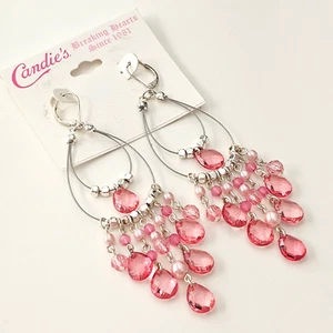 Candie’s Chandelier Teardrop Silver tone Clear Pink Beads Dangle Earrings 4.5" - Picture 1 of 3