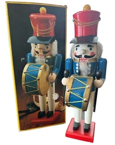 Suite Schiaccianoci Legno Natale Tamburo Artigianale 15" Legno Dipinto A Mano Vintage - Foto 1 di 18