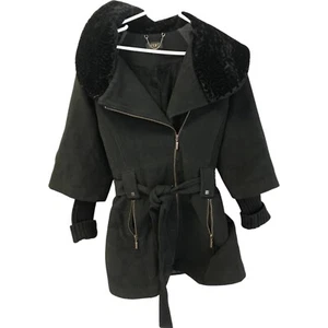 Icon Coat Womens 42 Polyester Velour Moto Jacket Black Two Zipped Pockets Belted - Picture 1 of 9