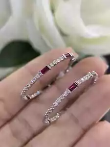2Ct Baguette Cut Lab Created Ruby Diamond Hoop Earrings 14K White Gold Plated - Picture 1 of 3