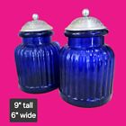 Vintage Cobalt Blue Ribbed Glass Apothecary Jar Canister with Floral Pewter Lid
