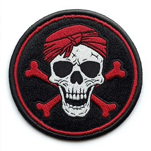 ROUND PIRATE PATCH JOLLY ROGER black Skull Crossbones embroidered iron SKELETON - Picture 1 of 19