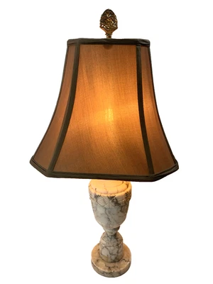 Alabaster Marble Urn Table Lamp Carved Floral Brass Finial Bell Shade Works - Image 1 of 4