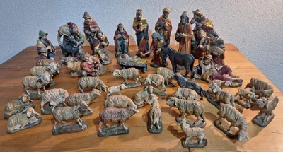 Vintage Magnificent Carved Coloured Wooden Nativity Christmas Manger 5-20cm - Image 1 of 4