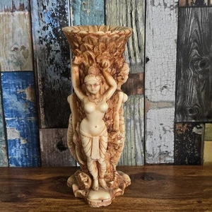Asian Hindu Ornate Carved Soapstone Vase with Temple Maiden Females Collectable - Picture 1 of 10