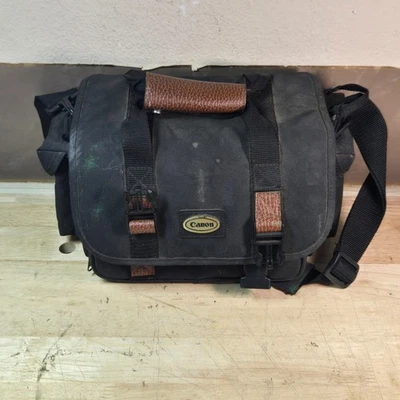 Vintage Canon Black Canvas Camera Bag Pockets Shoulder Strap Leather - Image 1 of 4