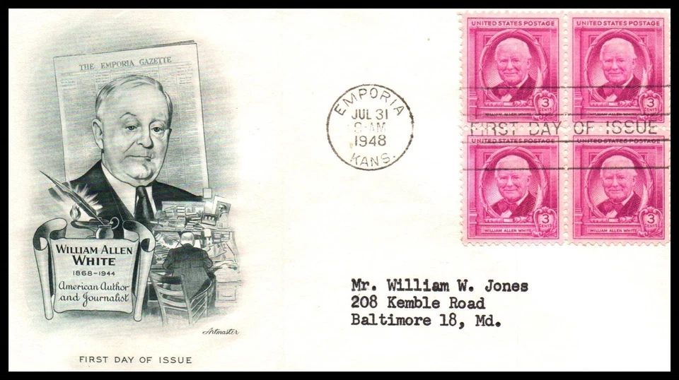 USA FDC - 1948 - William Allen White, Scott # 960 Artmaster Block - Image 1 of 1