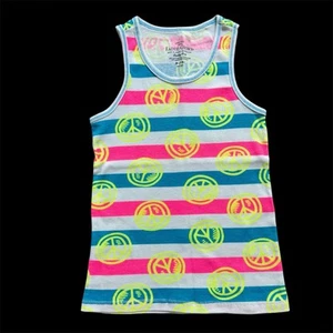 Girls M 8 Neon Blue Pink Stripe Yellow Peace Sign Sleeveless Tank Top - Picture 1 of 3