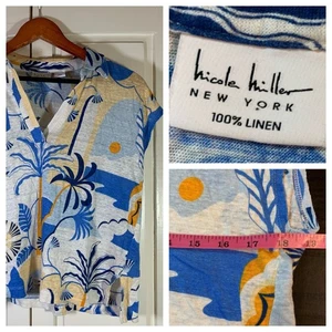 Blusa sin mangas costera con estampado de palmeras Top de lino Nicole Miller New York L - Imagen 1 de 11