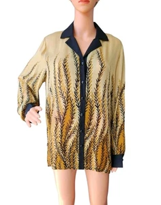 Bob Mackie Wearable Art 100% Silk Beige Vine Wheat Print Button Blouse Size M - Picture 1 of 19