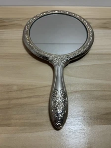 Vintage versilberter Hand Kosmetikspiegel floral verziertes Design 9" schwer - Bild 1 von 8