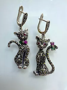 Stunning Cats Earrings 925 Sterling Silver, Emerald Ruby Marcasite - Picture 1 of 5
