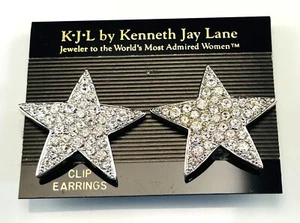 SIGNED KJL KENNETH J LANE CRYSTAL STAR EARRINGS CLIP ON NEW GLASS RHINESTONE - Picture 1 of 3