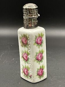 Victorian Porcelain Scent Bottle With Silver Metal Lid & Rose & Gilt Decoration