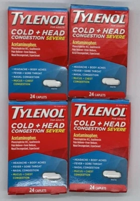 4PK Adultos Tylenol Frío + Cabeza Congestión Severa ~ 24 Comprimidos Cada uno ~ CADUCIDAD 1/26+ Foto 1 de 2