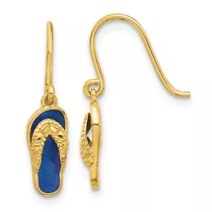 22mm 14k Gold Polished Blue Enameled Flip Flop Shepherd Hook Dangle Earrings - Picture 1 of 4