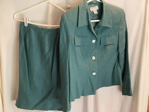 WOMENS BLUE 100% LINEN LINED 2 PIECE JACKET SKIRT SET CAREER SUIT SIZE 4P 36" - Picture 1 of 6