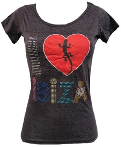 St7 I Love Ibiza Rhinestone Gecko Heart Open Close Party Backless T-Shirt S/M - Picture 1 of 4