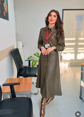 ZARA WOMEN FAUX LEATHER SHIRT DRESS WITH BELT KHAKI XS, L NWT | 8741/283 - Image 1 of 4