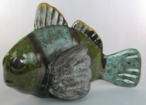 Hand Painted Unique Ceramic Pottery Fish Figurine with Fluted Metal Fins 11"  - Picture 1 of 7