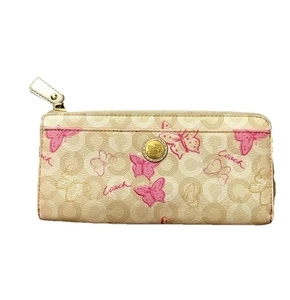 COACH Leather Pink Brown Cream Butterfly Canvas Women’s Wallet Multi Pocket - Picture 1 of 14