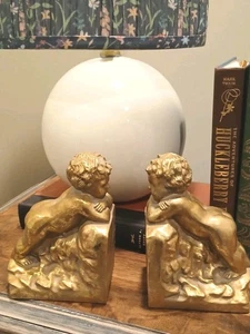 Vintage Bookends Figural Gold Leaf Cherubs Hollywood Regency Cottagecore Decor - Picture 1 of 5