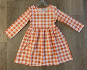 New Boutique Girls Size 4/5 Bright Orange & White Plaid Long Sleeve Dress - Picture 1 of 8