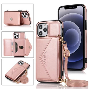 Lanyard Cross Body Wallet Phone Case for iPhone 16 15 ProMax & Samsung S24 Ultra - Picture 1 of 15