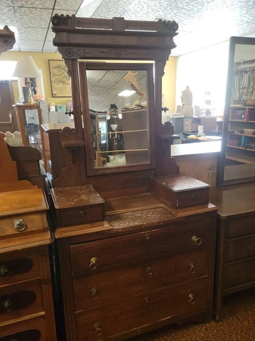 Antique 1890s Ornate Carved SOLID Eastlake 5 drawer Dresser Mirror with Keys #2 Cover
