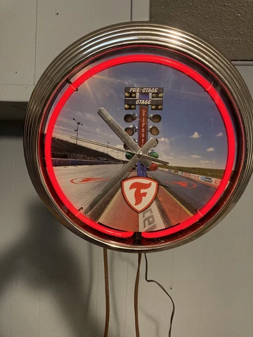 Working Fire Stone Red Neon Wall Clock Chrome Deco Style Firestone Race Track Cover