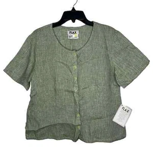 Flax Green Short Sleeve Check 100% Linen Lagenlook Button Front Shirt Small - Picture 1 of 9