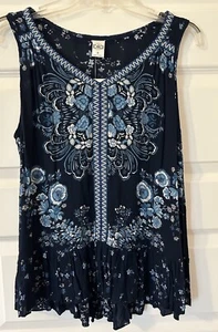 NWT New Bila Navy Pink Paisley Boho Embroidered Tunic Tank Top Size S Small - Picture 1 of 3