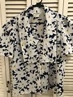 Vintage 70's Women's Blouse SHIP N SHORE White And Navy Blue Daisies Silken Poly