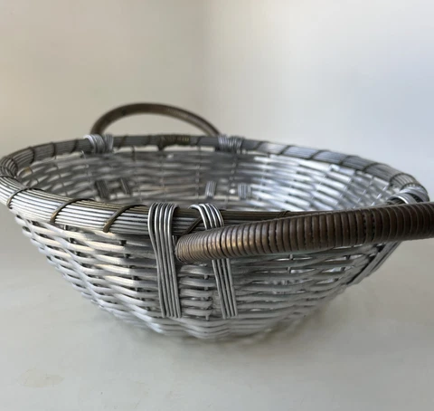 Vintage Aluminum Woven Metal Round Basket, India, Excellent Condition, Boho Cover