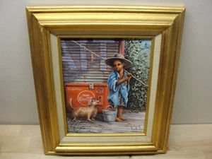 1995 COCA COLA GEMALT AUF LEINWAND GERAHMTES KUNSTWERK KUNST AFRICAN AMERICAN BOY - Bild 1 von 3