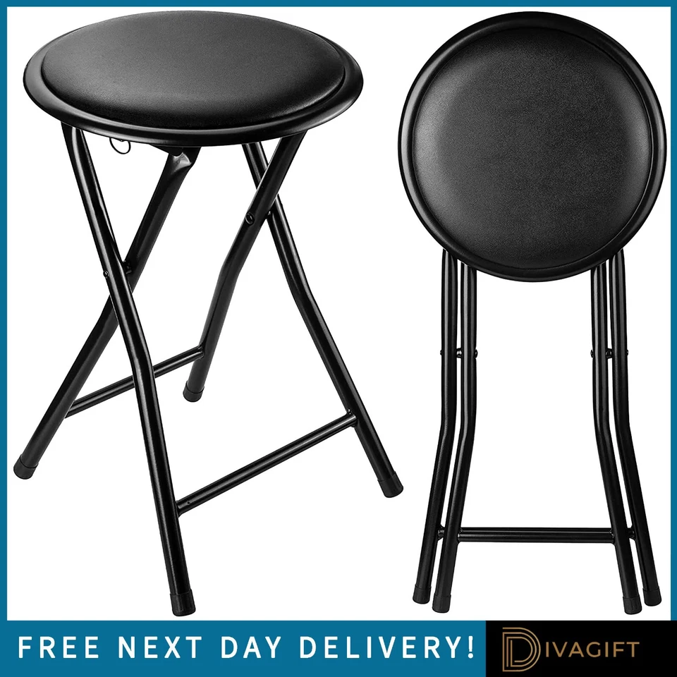 BLACK FOLDING STOOL ROUND FOLDABLE METAL FOR SPACE SAVING STOOLS PADDED SEAT NEW - Image 1 of 4