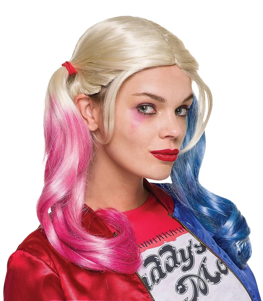 Official Harley Quinn Wig Suicide Squad Pig Tail Blue Pink Fancy Dress Accessory