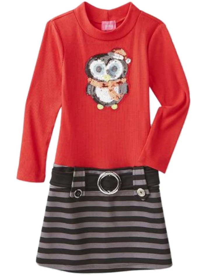Pinky Girls Sequin Santa Penguin Red Black Holiday Christmas Drop Waist Dress - Image 1 of 1
