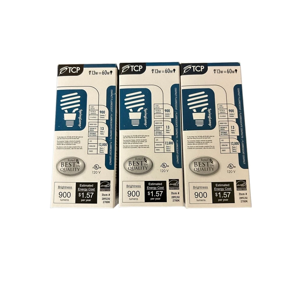 TCP 900 LUMENS 12,000 hr BULBS 13W= 60W. Compact Fluorescent. 3 Count - Image 1 of 1