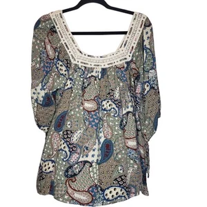 Kori America medium boho paisley square neck crochet blouse 3/4 tie sleeves - Picture 1 of 8