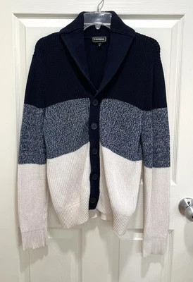 EXPRESS Mens Medium Cardigan Blue Colorblock Shawl Collar Sweater Grandpa Preppy - Image 1 of 4