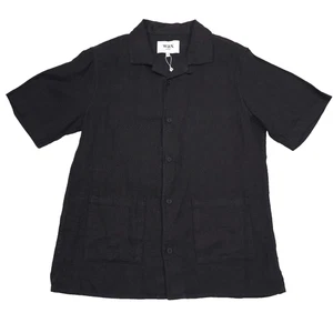 $165 Wax London Ren Short Sleeve Solid Black Linen Camp Shirt Mens Size XS - Picture 1 of 10