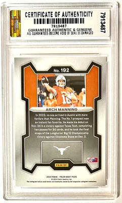 GRADED GEM-MT 10 ARCH MANNING LONGHORNS RC 2024 Panini PRIZM DRAFT PICKS #192 - Image 1 of 4