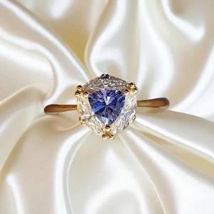 Lab Grown Diamond Ring 1.90 Ct Trillion Blue Sapphire Gemstome 14K Yellow Gold - Picture 1 of 8