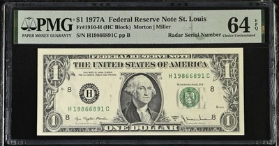 1977A $1 Federal Reserve Note – Radar Serial Number H19866891C – PMG 64 EPQ UNC - Image 1 of 4