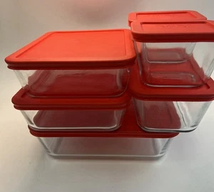 Vintage Pyrex Refrigerator Glass Dishes & Red Lids 7212,7211,7213,7214 Set Of 6 - Picture 1 of 5