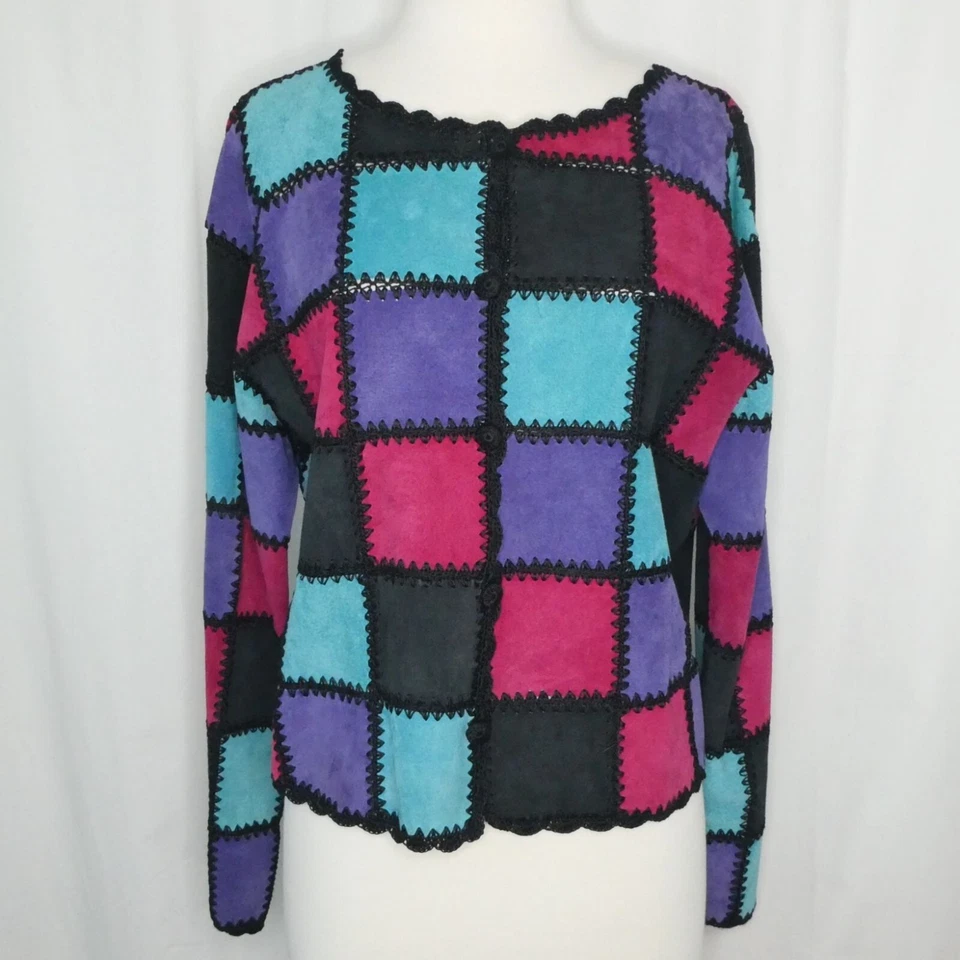 复古 Lg 麂皮绒拼布钩针夹克开衫外套五颜六色的波西米亚艺术 — 第 1/4 张图片