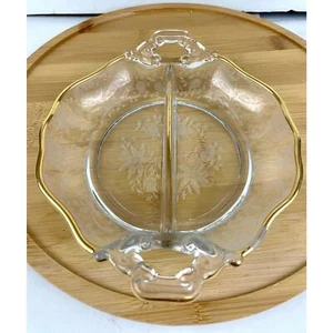 VTG Cambridge Divided Handled Relish Glass Dish Wildflower Clear Gold Trim - Picture 1 of 10