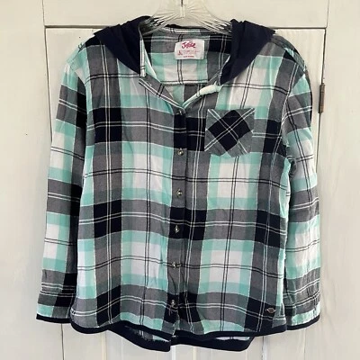 Justice девочек размер большой синий клетку фланель длинным рукавом на пуговицах с капюшоном куртки - Изображение 1 из 3